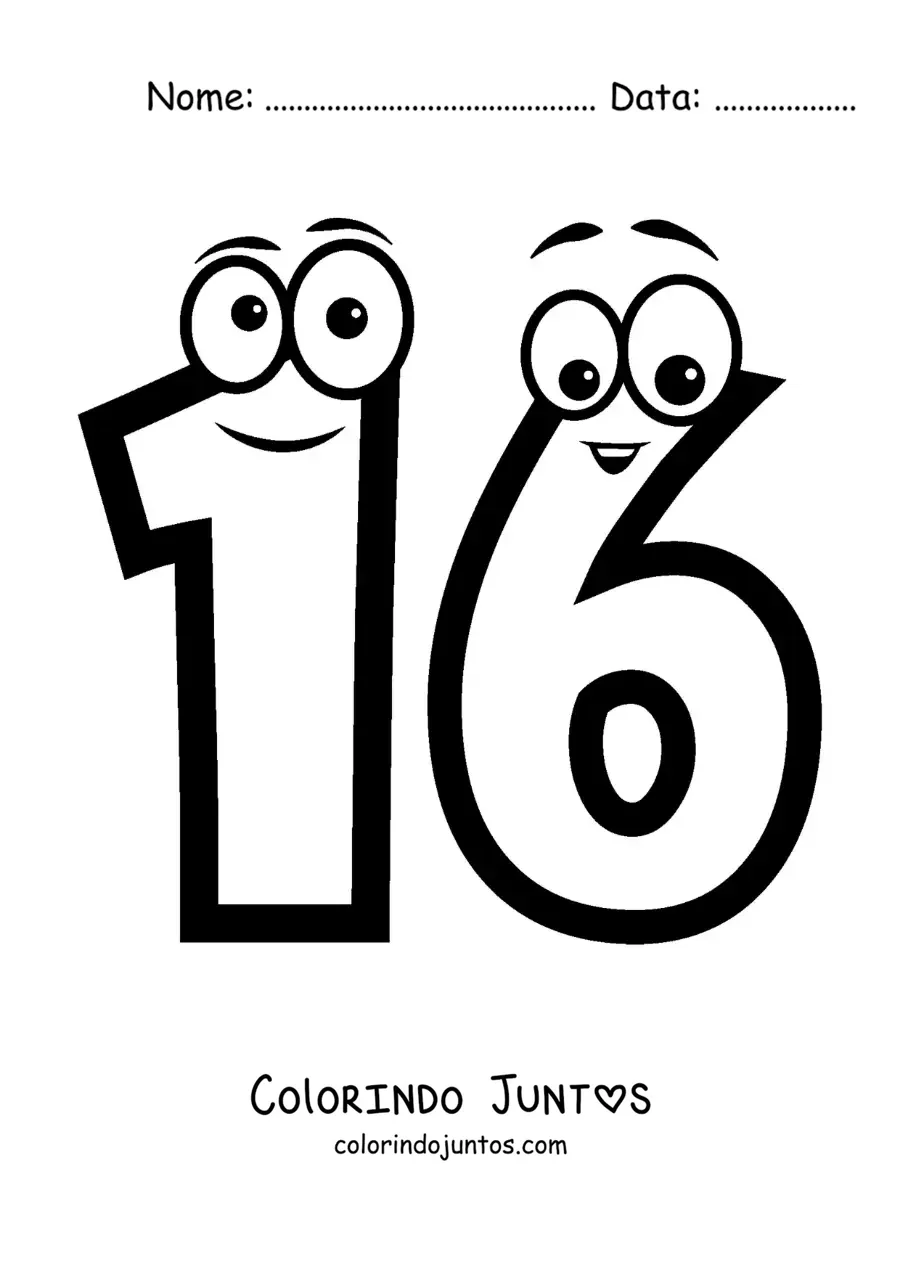 Desenho para colorir do número 16 animado para crianças
