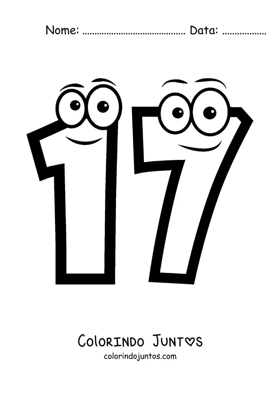 Desenho para colorir do número 17 animado para crianças