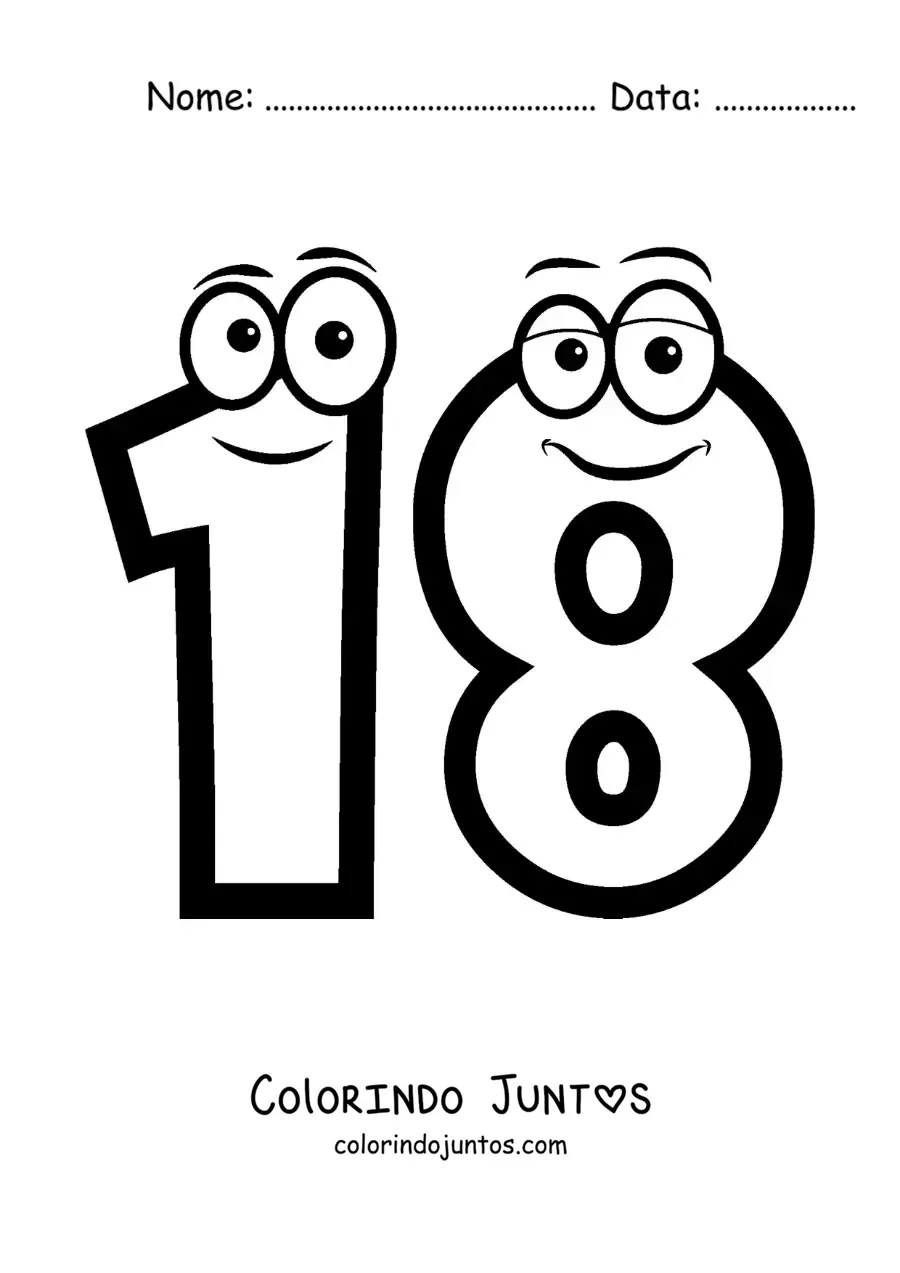 Desenho para colorir do número 18 animado para crianças