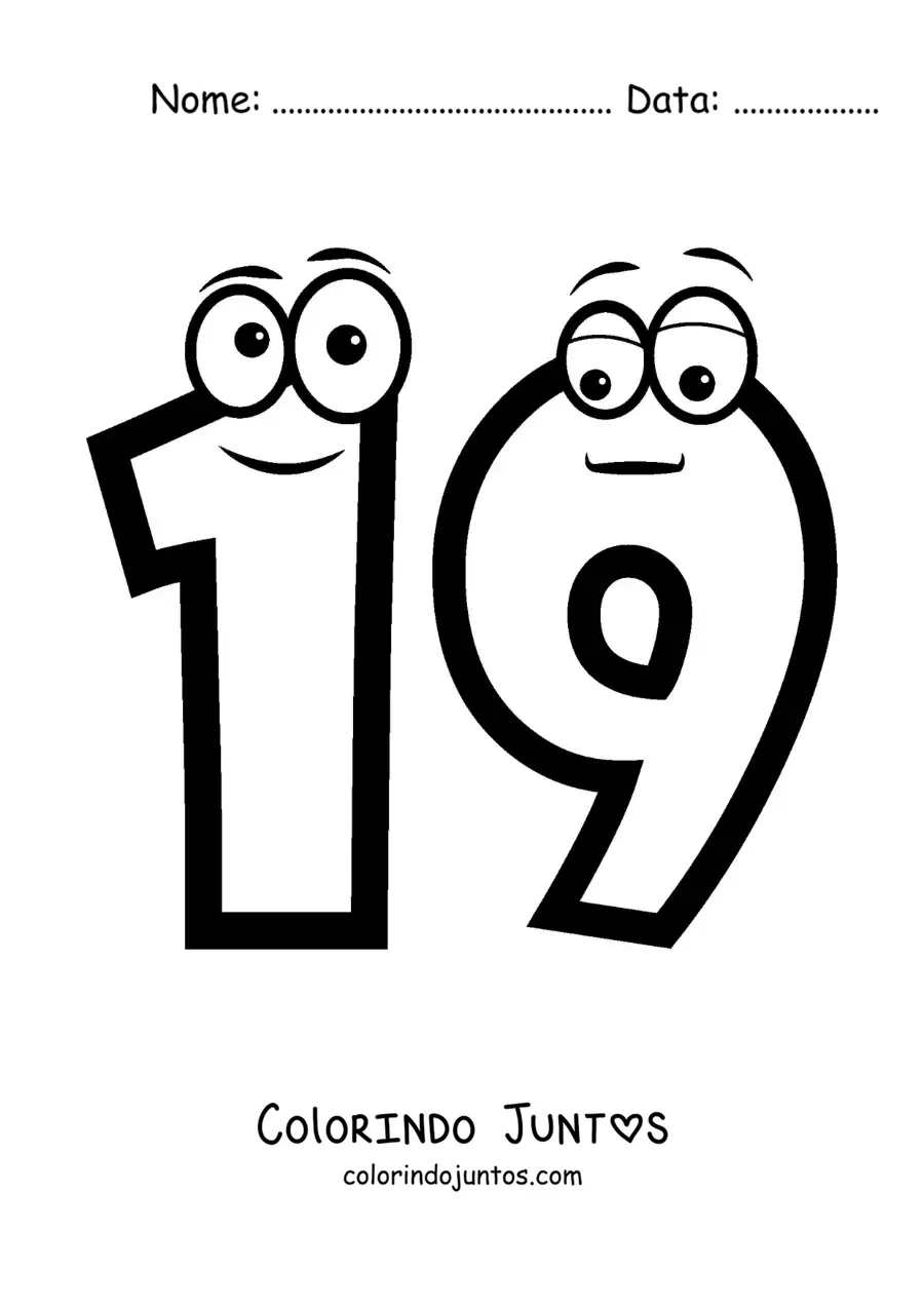 Desenho para colorir do número 19 animado para crianças