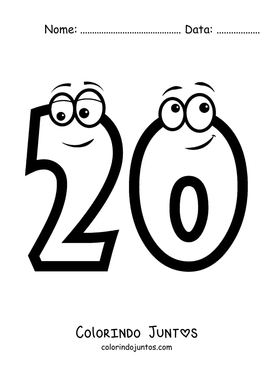 Desenho para colorir do número 20 animado para crianças