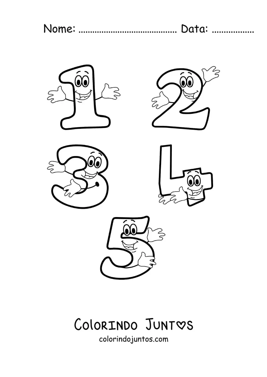 Desenho para colorir dos números de 1 a 5 animados para crianças