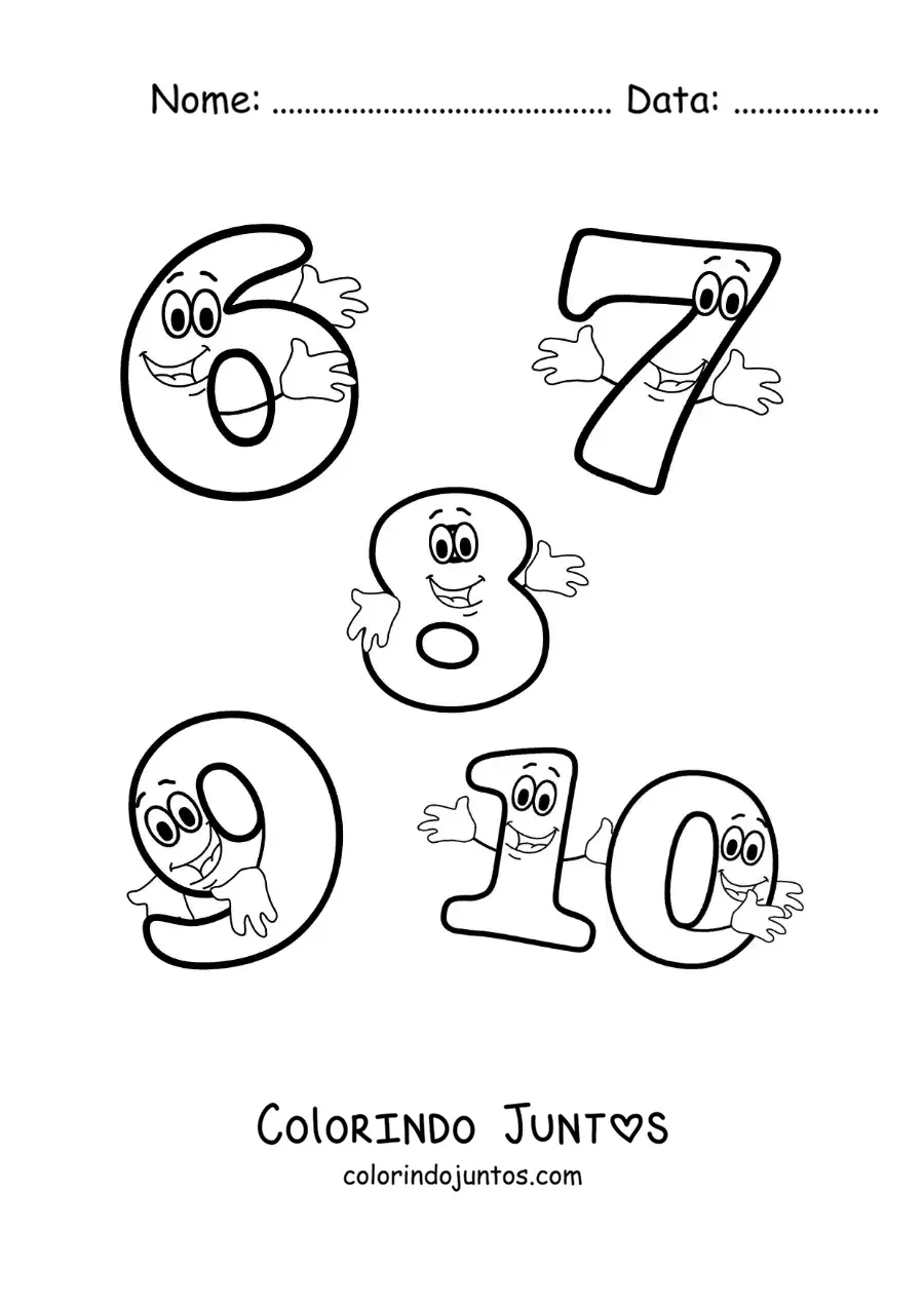 Desenho para colorir dos números de 6 a 10 animados para crianças