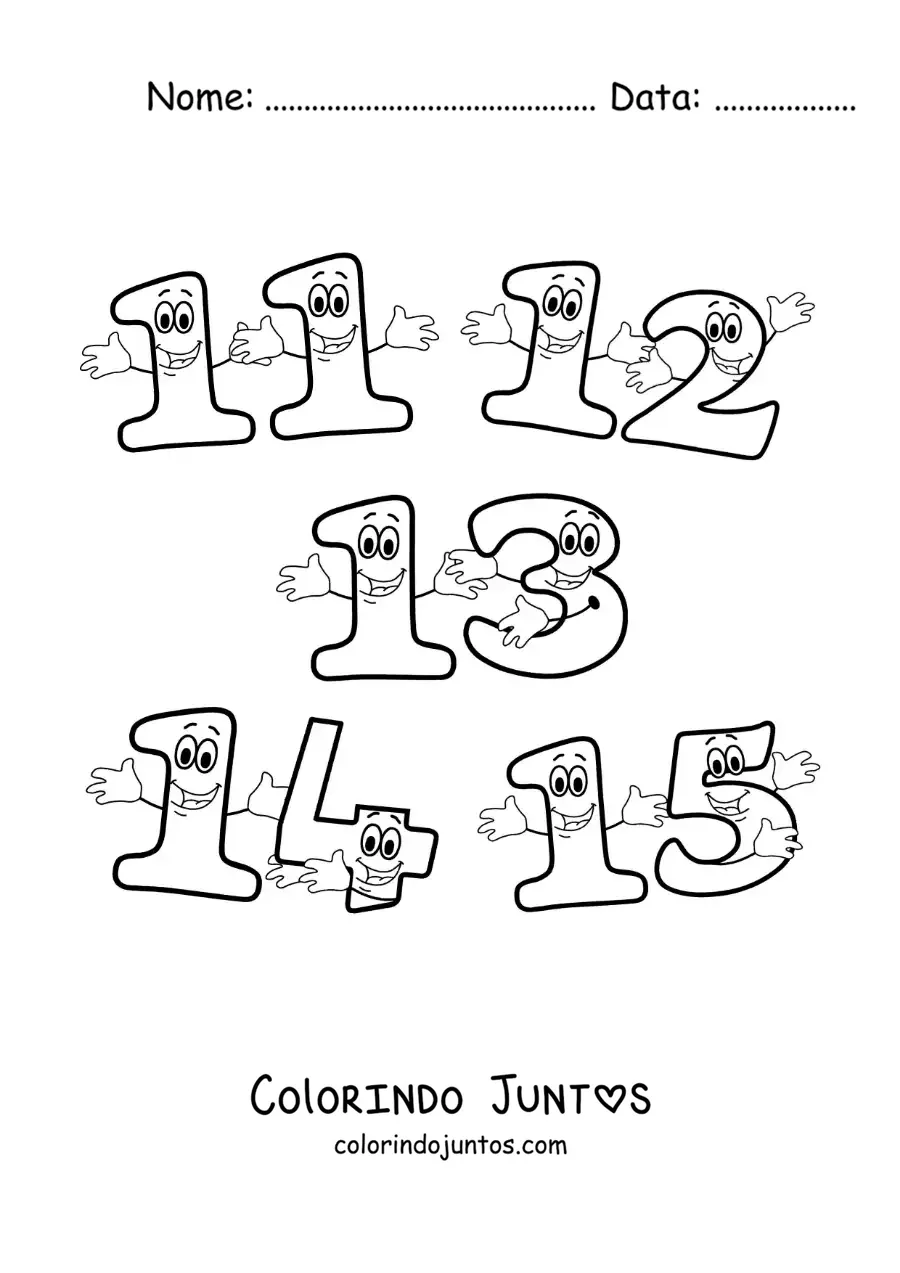 Desenho para colorir dos números de 11 a 15 animados para crianças