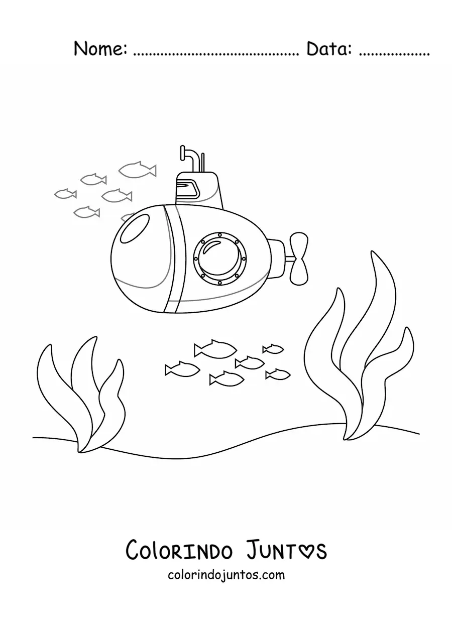Desenho para colorir de um submarino animado no fundo do mar