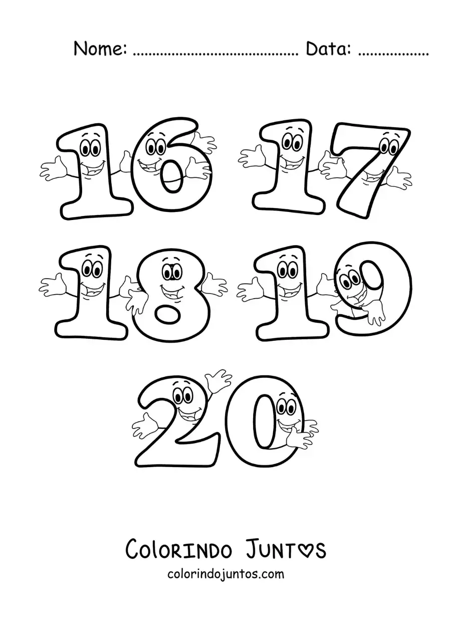 Desenho para colorir dos números de 16 a 20 animados para crianças