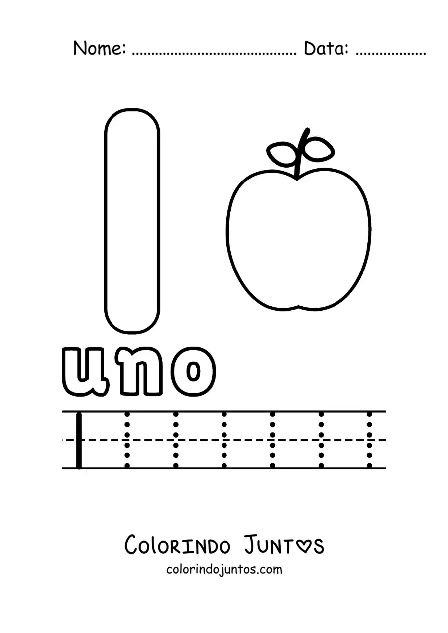 Desenho para colorir do número 1 com objetos para aprender a contar e traçar