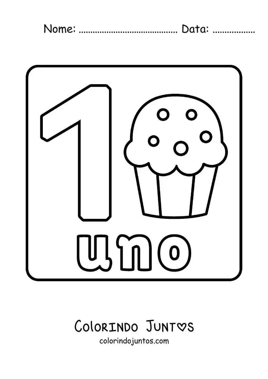 Desenho para colorir do número 1 com objetos para aprender a contar