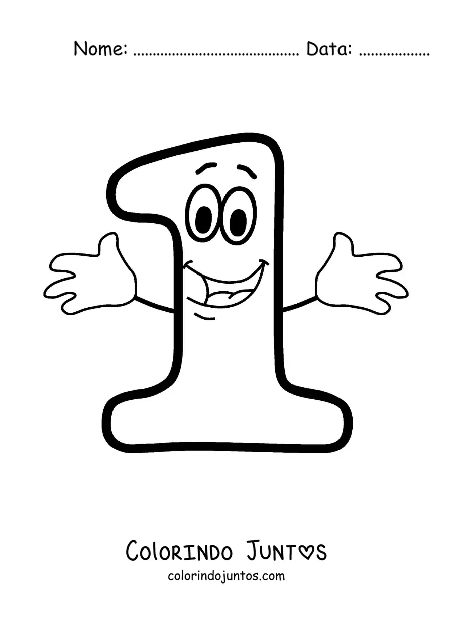 Desenho para colorir do número 1 animado dançando para crianças