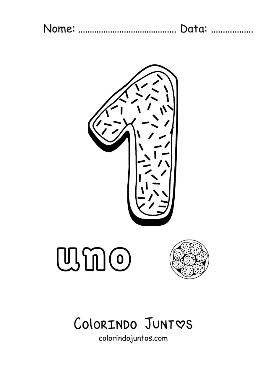 Desenho para colorir do número 1 animado em forma de biscoito com objetos para contar