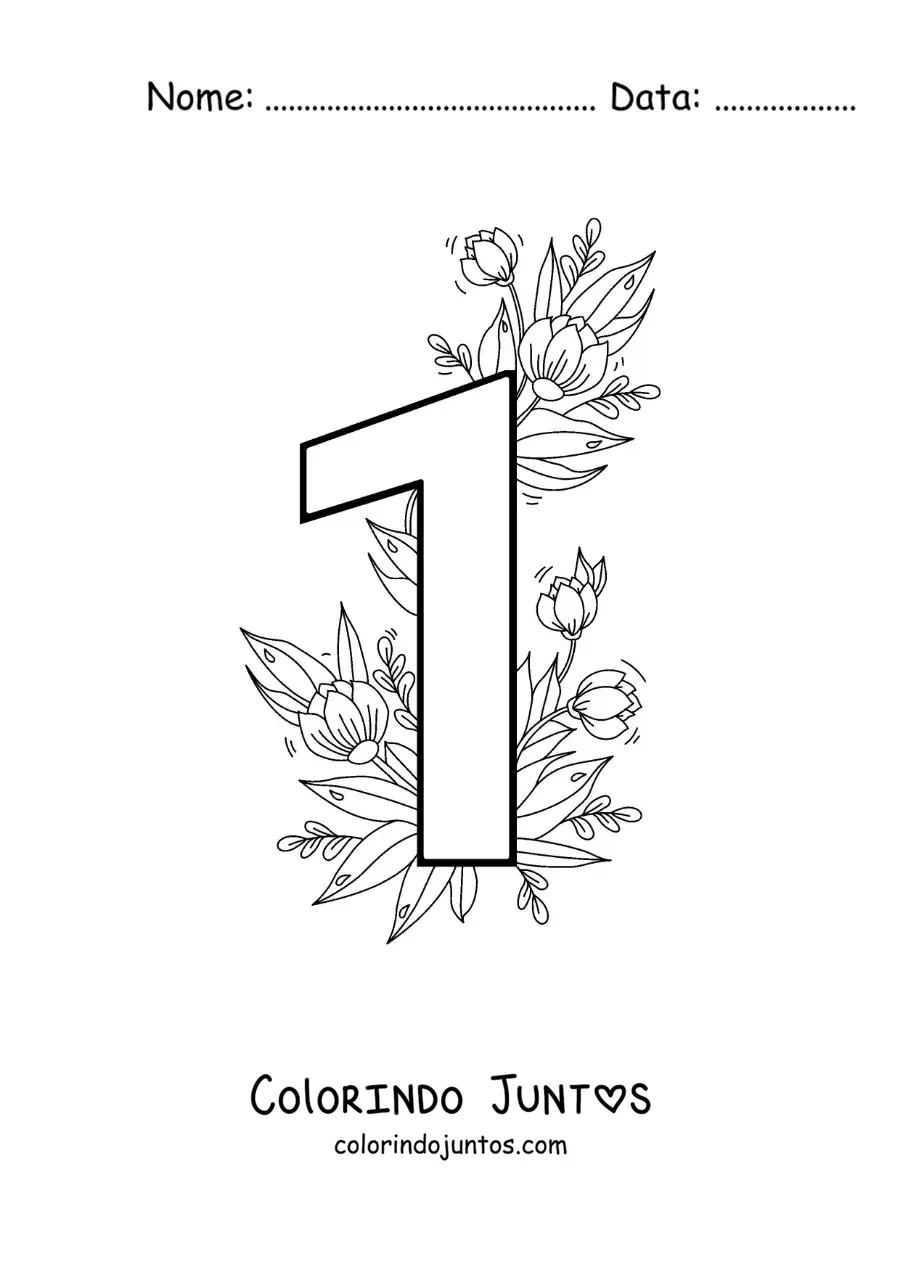 Desenho para colorir do número 1 decorado com flores