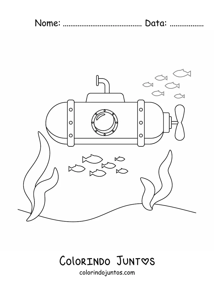 Desenho para colorir de um submarino alongado animado no fundo do mar