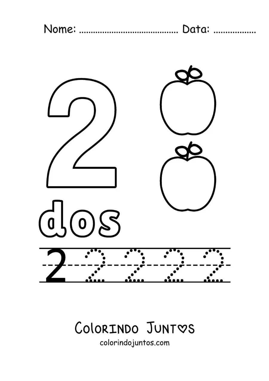 Desenho para colorir do número 2 com objetos para aprender a contar e traçar