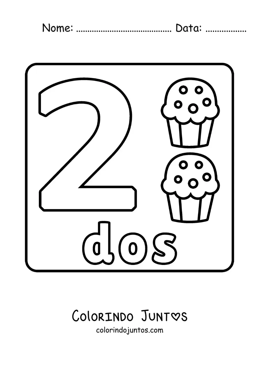 Desenho para colorir do número 2 com objetos para aprender a contar