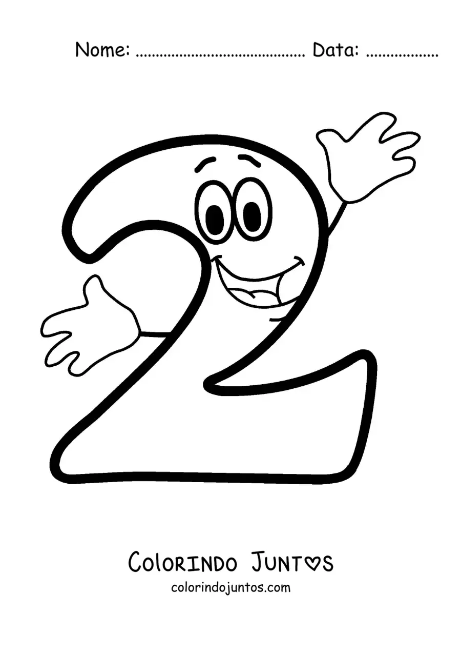 Desenho para colorir do número 2 animado dançando para crianças