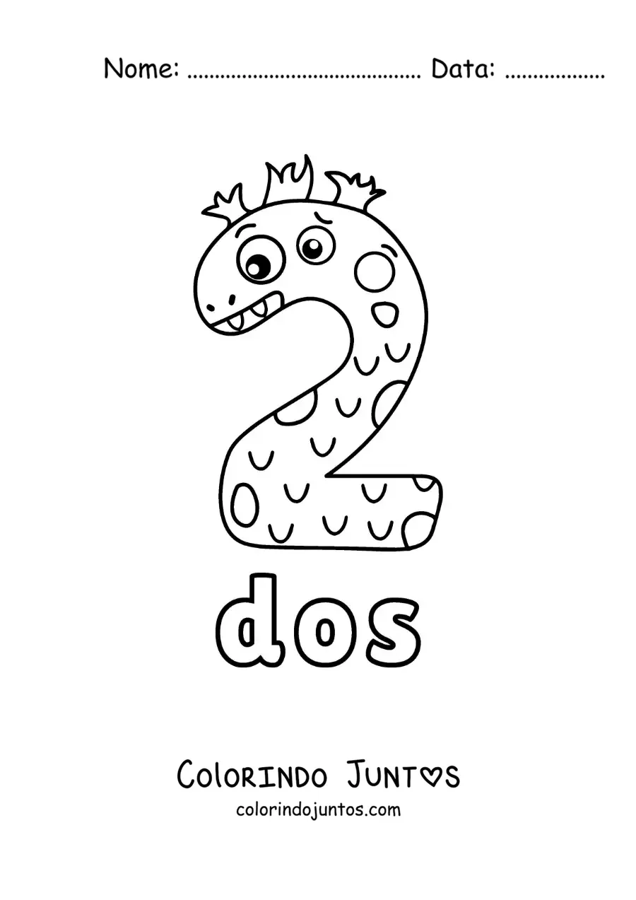 Desenho para colorir do número 2 em forma de monstro animado de Halloween