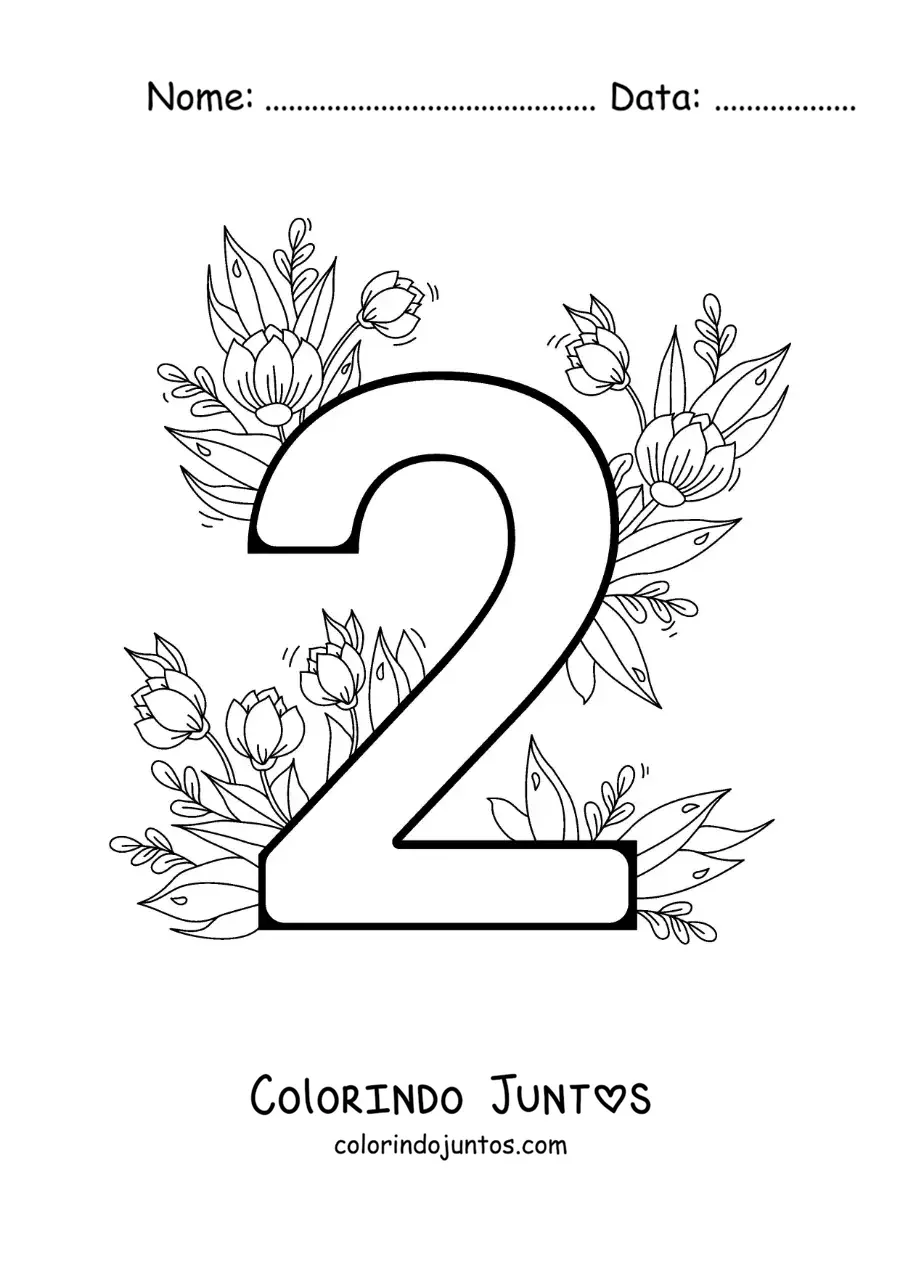 Desenho para colorir do número 2 decorado com flores
