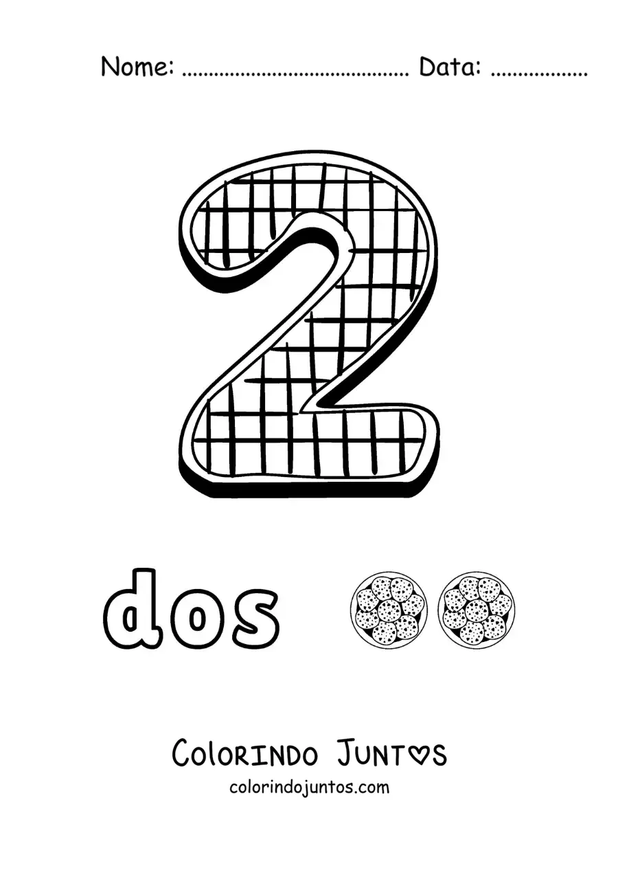 Desenho para colorir do número 2 animado em forma de biscoito com objetos para contar