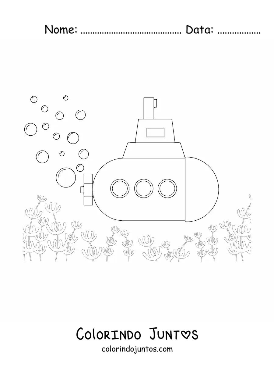 Desenho para colorir de um submarino no fundo do mar com bolhas e peixes