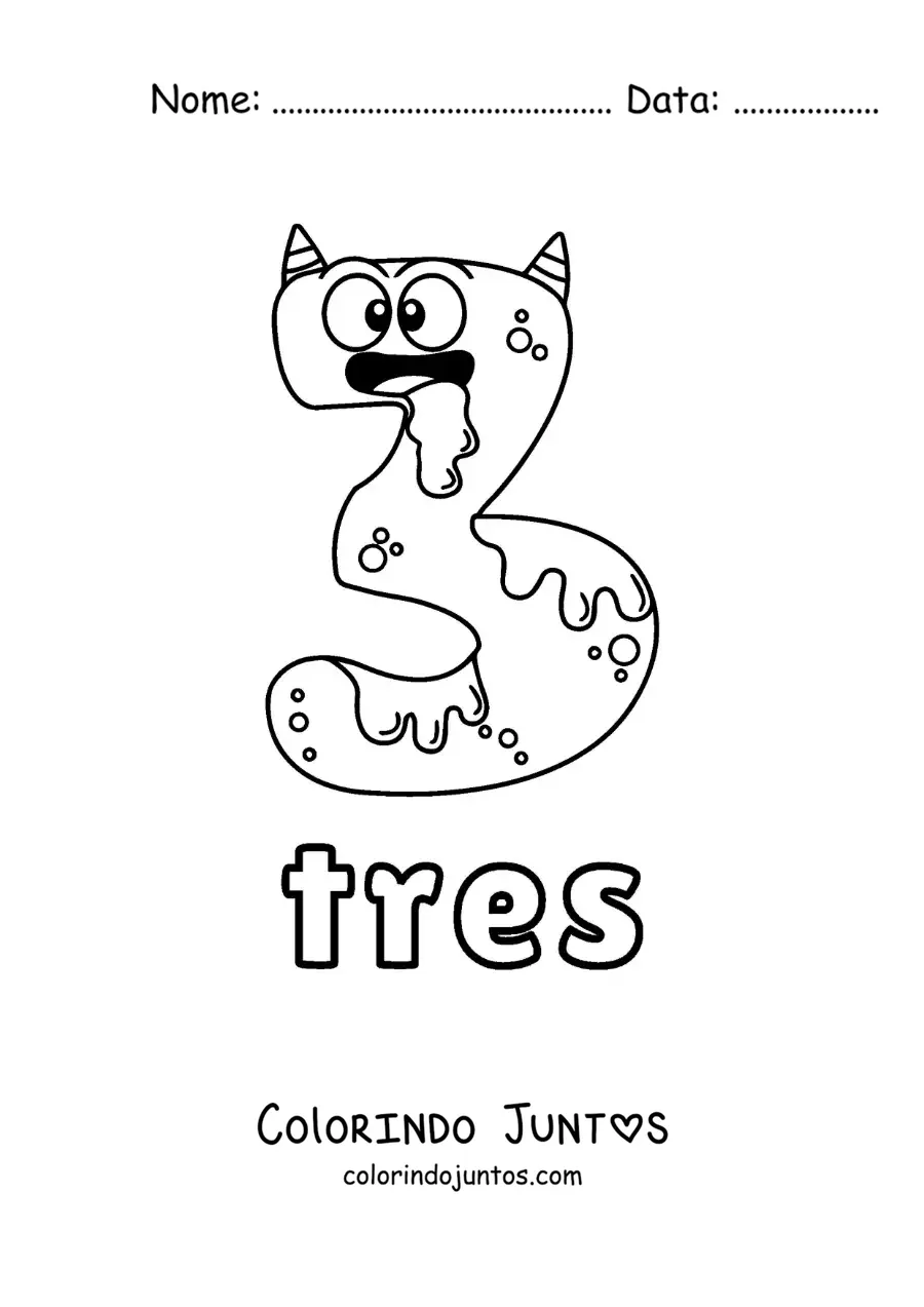 Desenho para colorir do número 3 em forma de monstro animado de Halloween