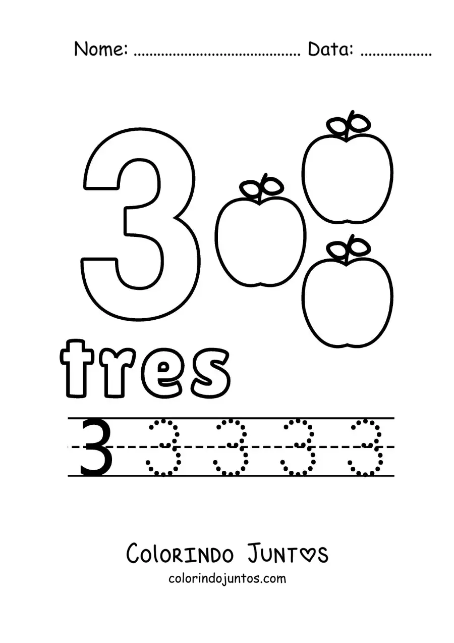 Desenho para colorir do número 3 com objetos para aprender a contar e traçar