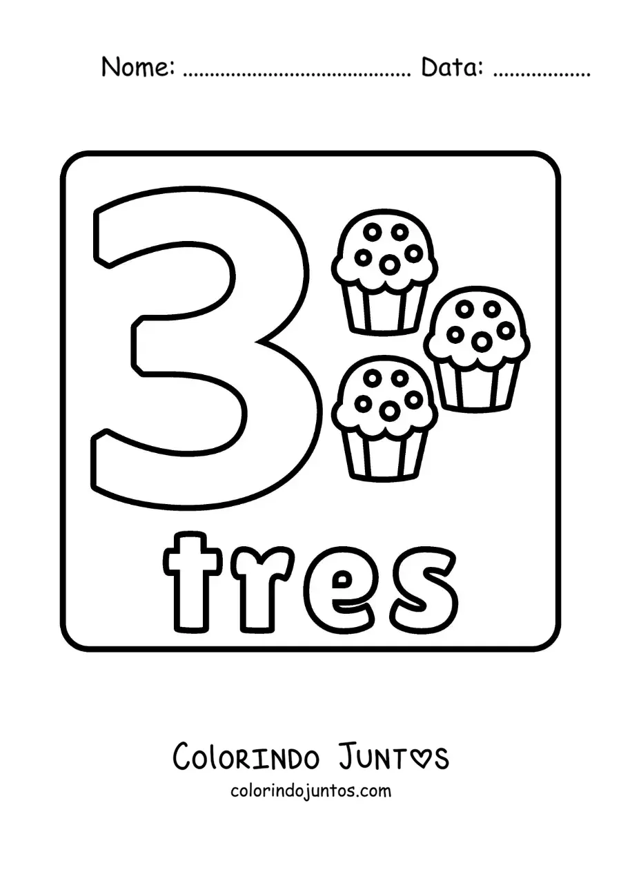 Desenho para colorir do número 3 com objetos para aprender a contar