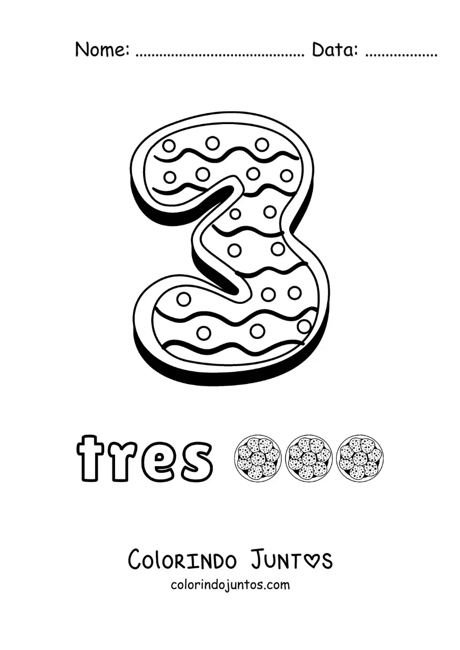 Desenho para colorir do número 3 animado em forma de biscoito com objetos para contar
