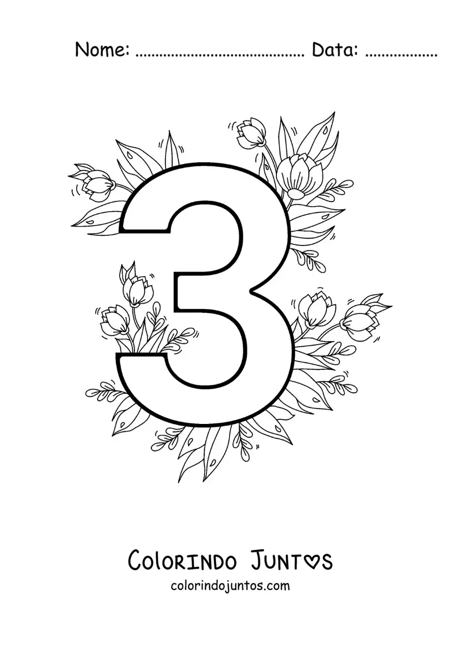 Desenho para colorir do número 3 decorado com flores