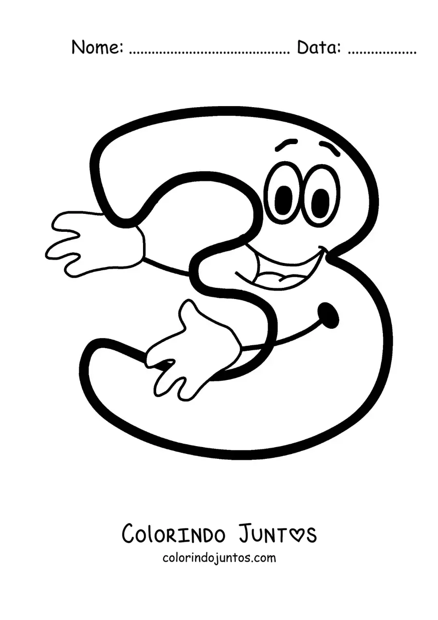 Desenho para colorir do número 3 animado dançando para crianças