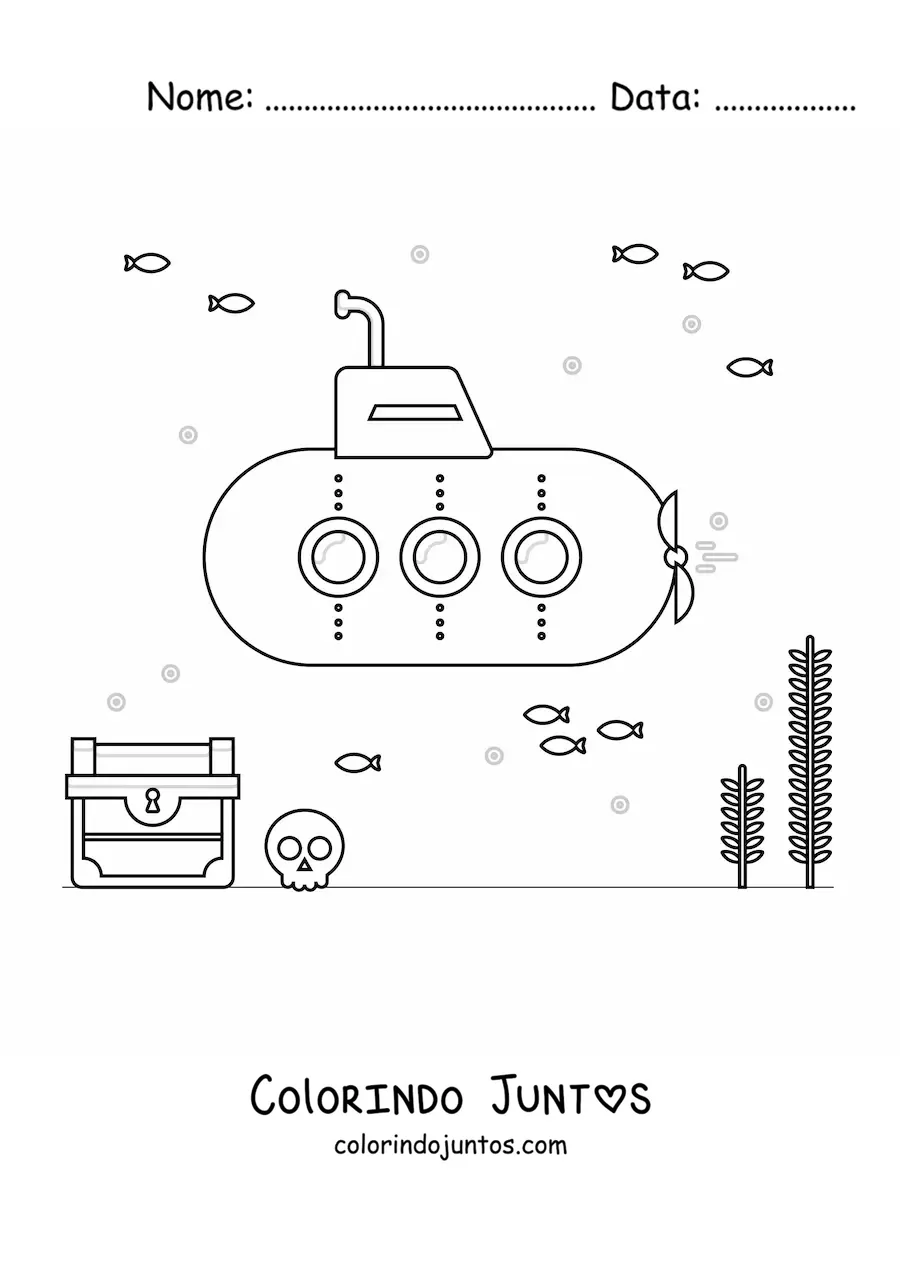 Desenho para colorir de um submarino no fundo do mar ao lado de um tesouro