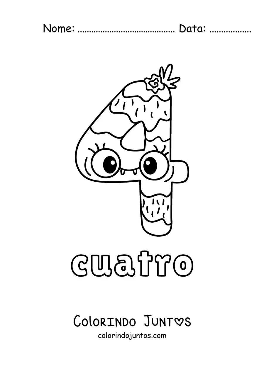Desenho para colorir do número 4 em forma de monstro animado de Halloween