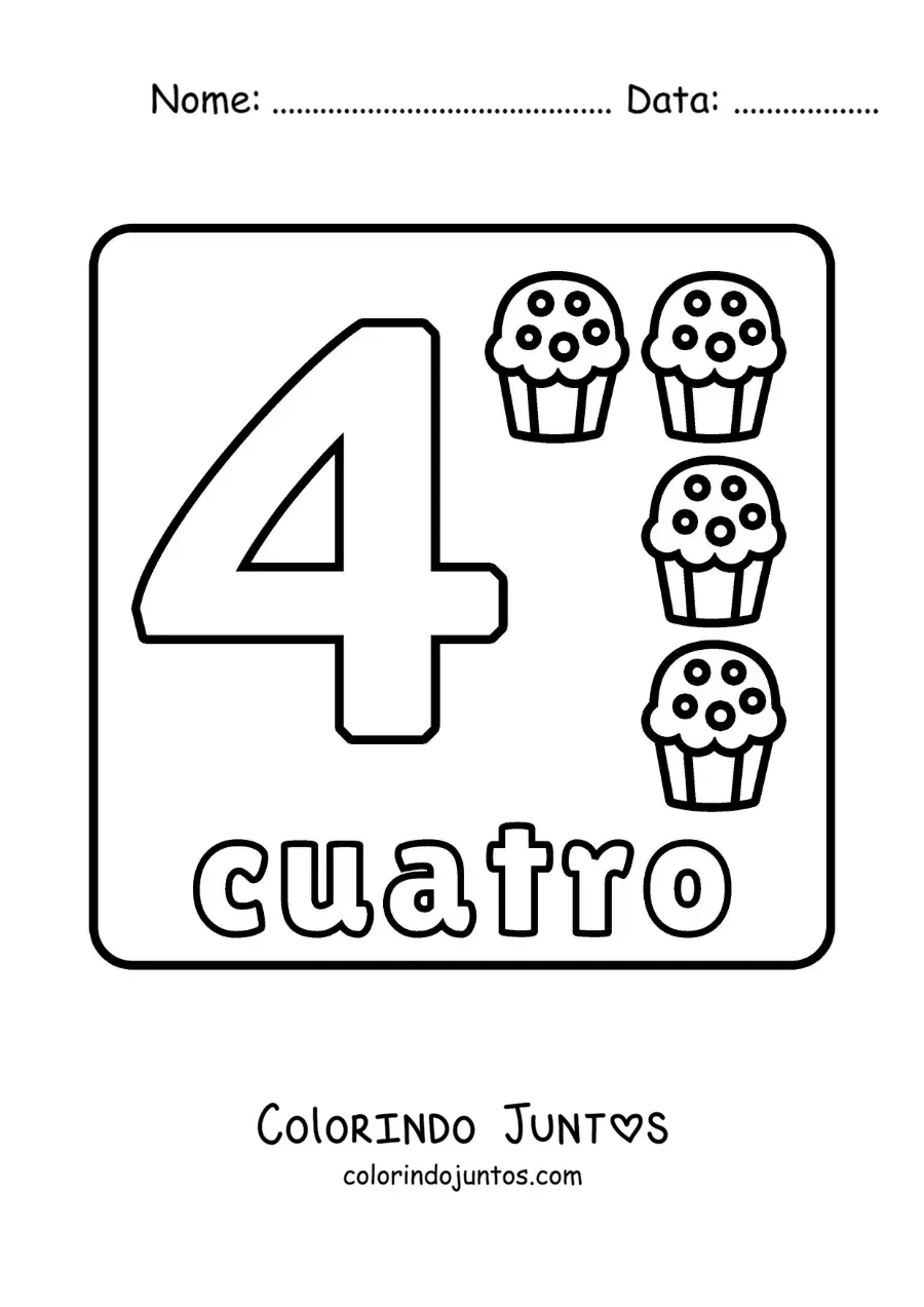 Desenho para colorir do número 4 com objetos para aprender a contar