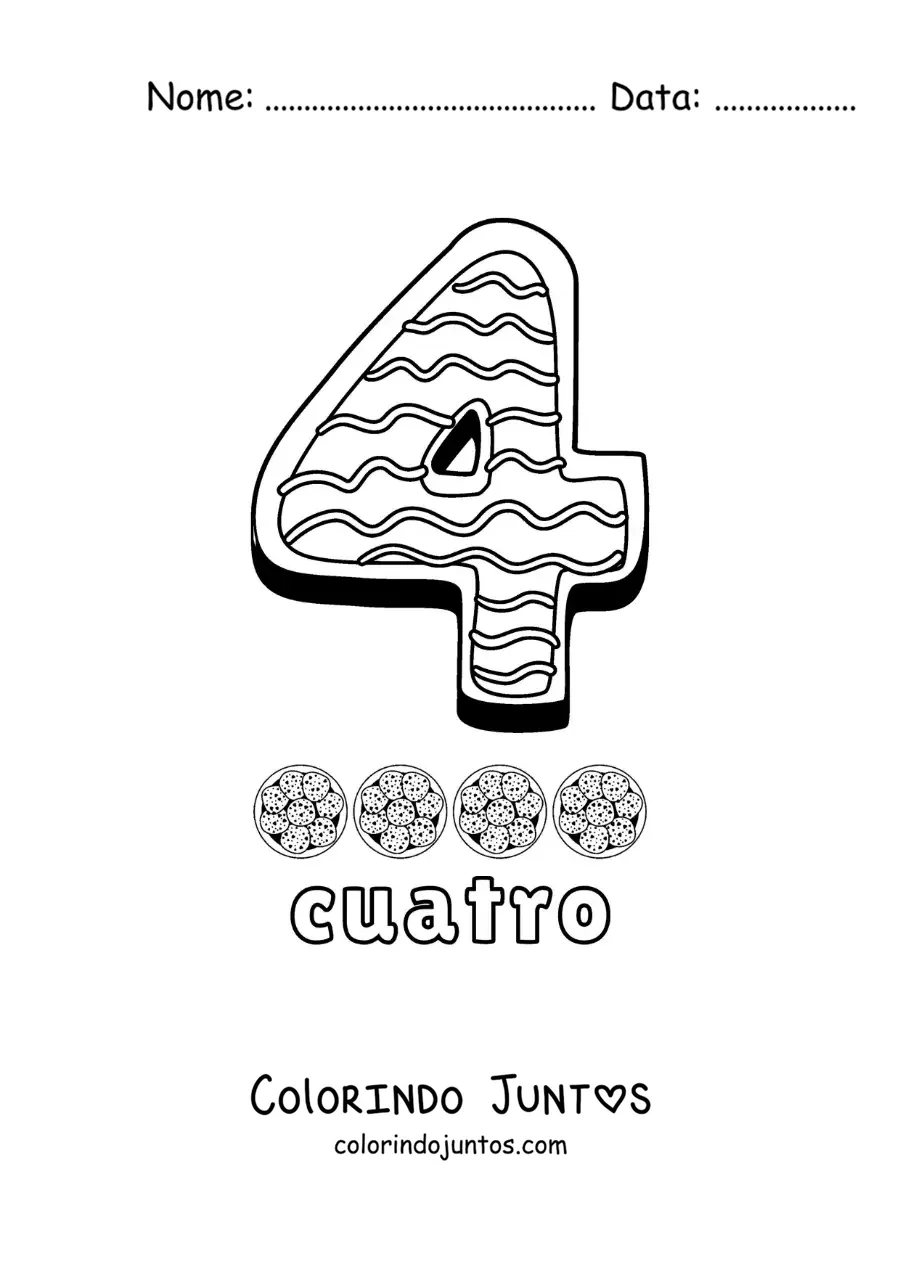 Desenho para colorir do número 4 animado em forma de biscoito com objetos para contar