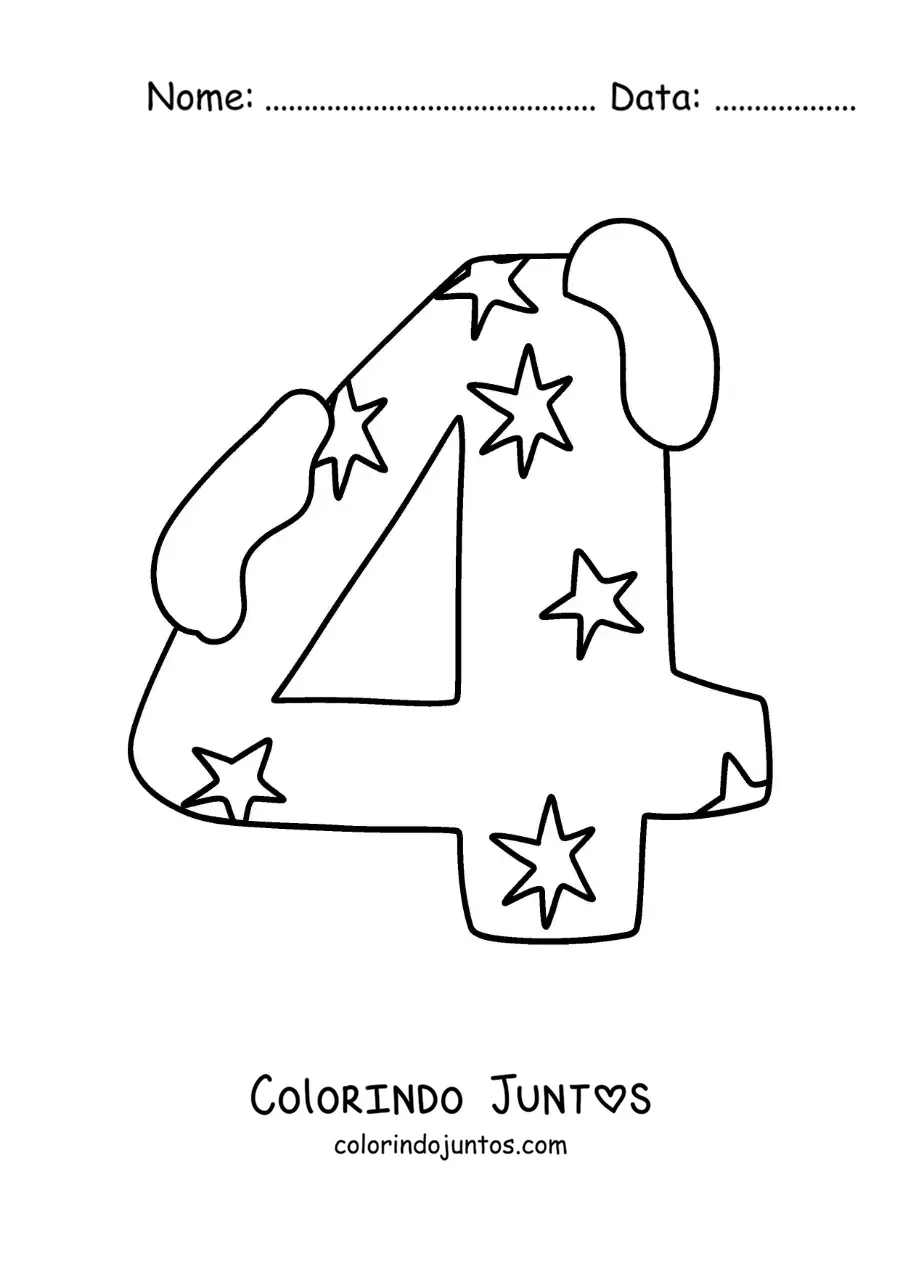 Desenho para colorir do número 4 decorado para crianças