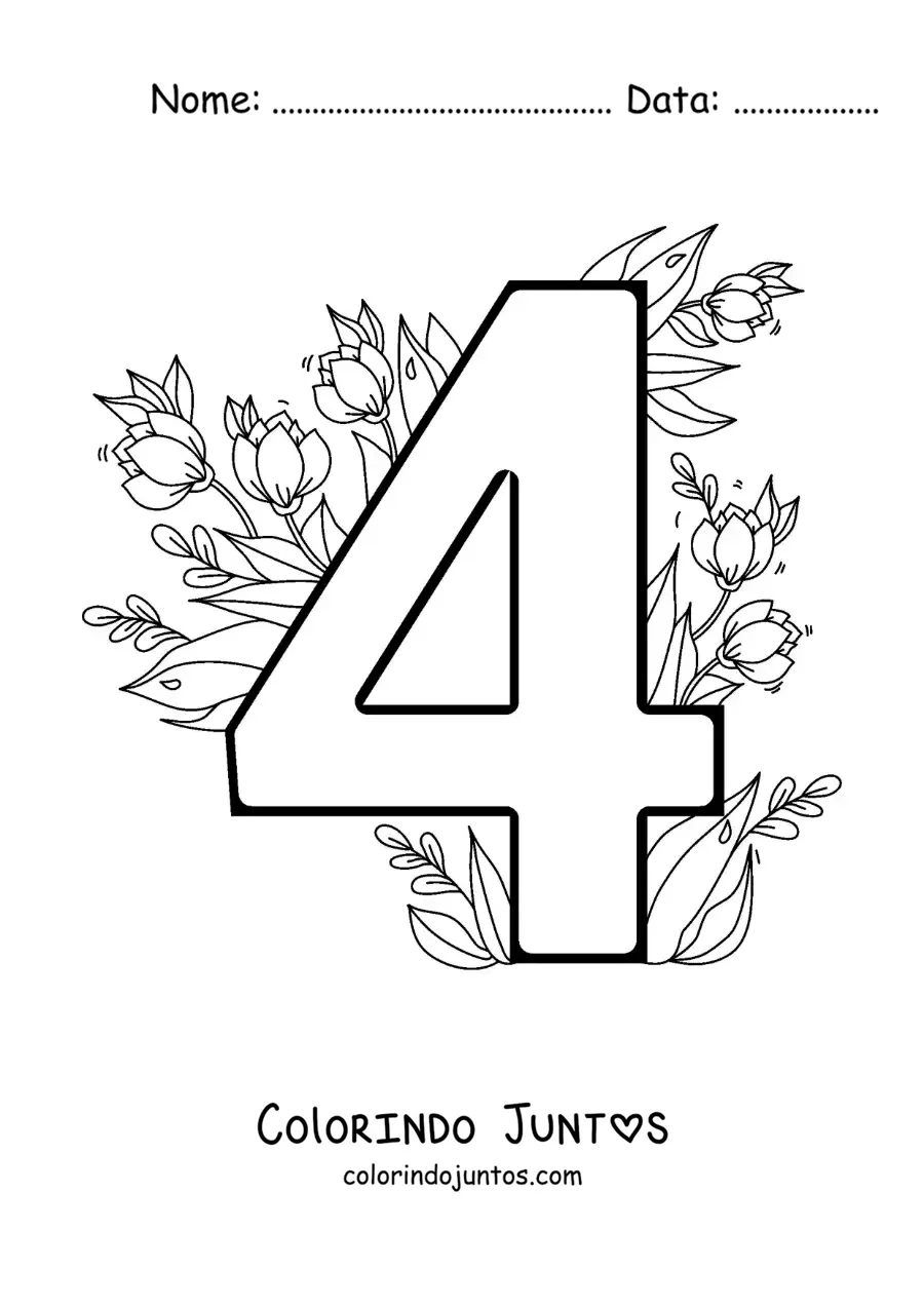 Desenho para colorir do número 4 decorado com flores