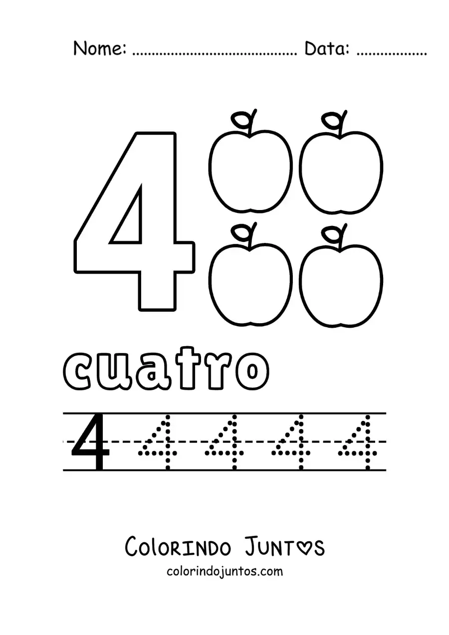 Desenho para colorir do número 4 com objetos para aprender a contar e traçar