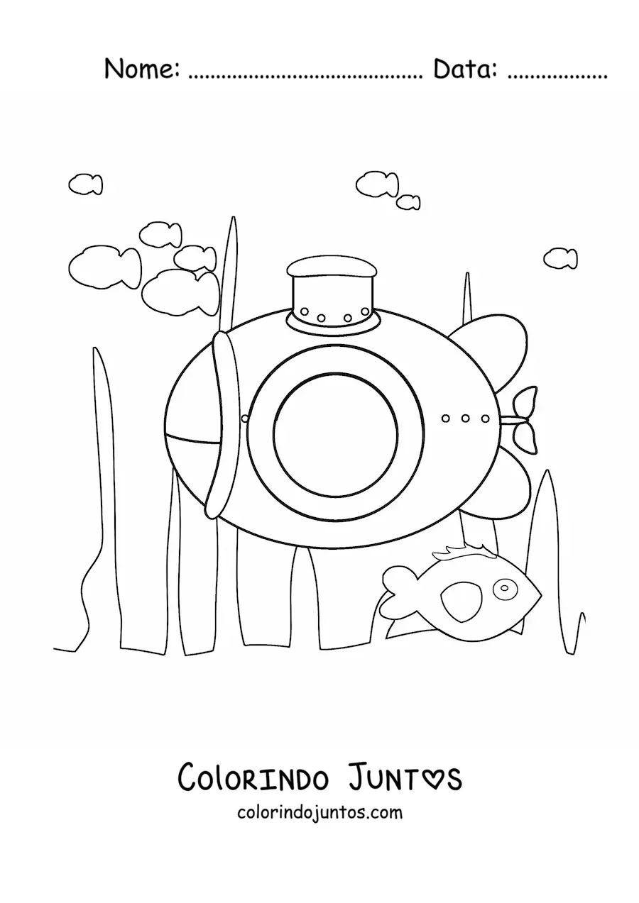Desenho para colorir de um submarino entre algas no fundo do oceano
