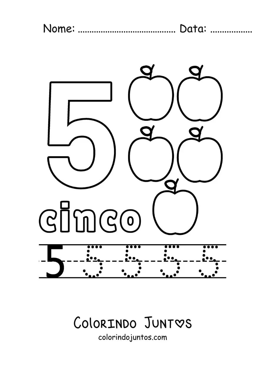 Desenho para colorir do número 5 com objetos para aprender a contar
