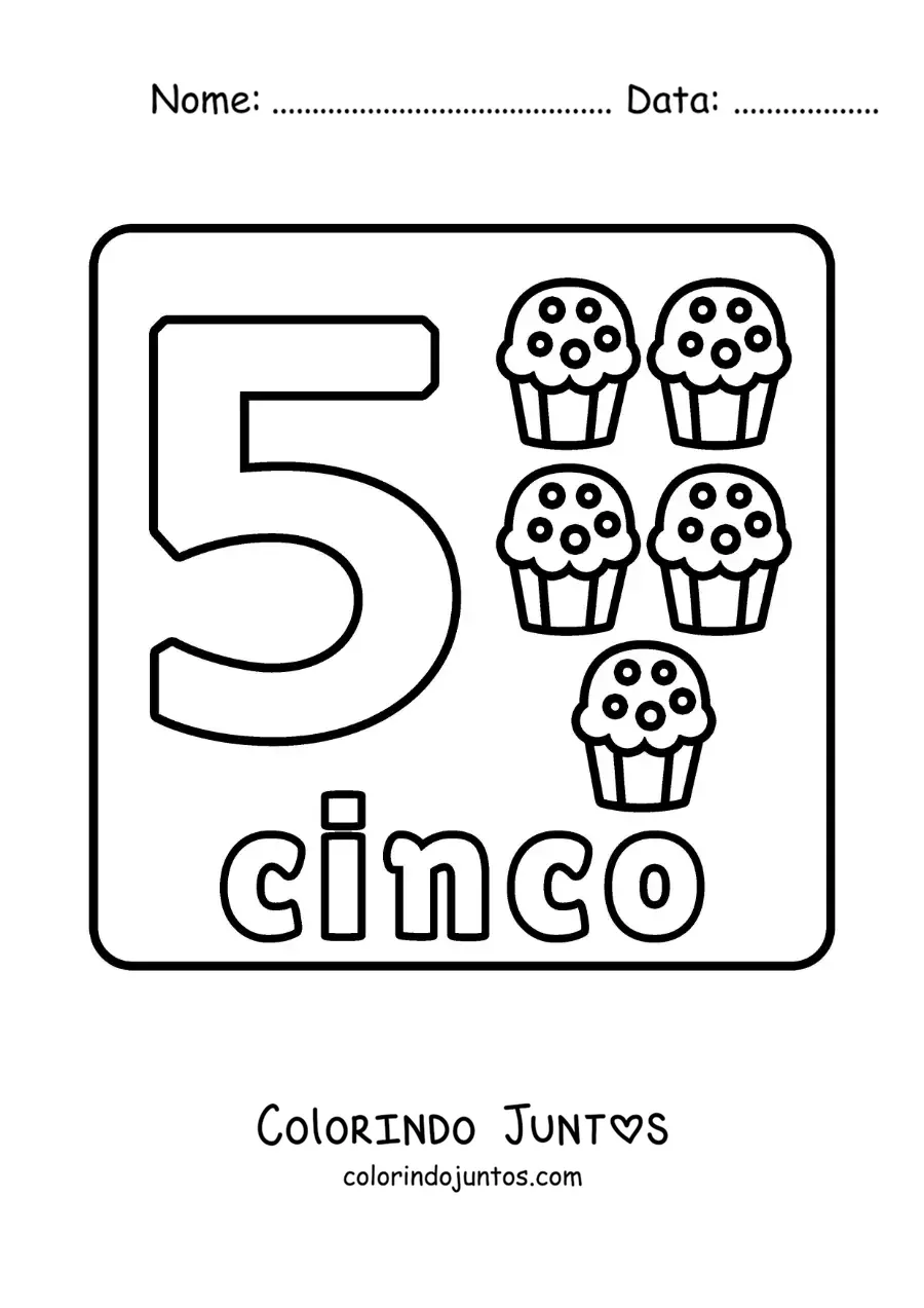 Desenho para colorir do número 5 com objetos para aprender a contar e traçar