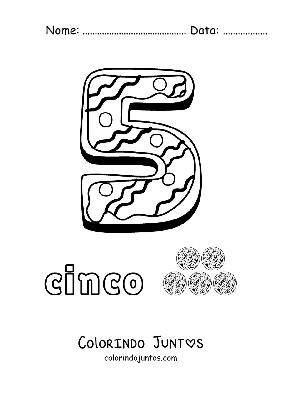 Desenho para colorir do número 5 animado em forma de biscoito com objetos para contar