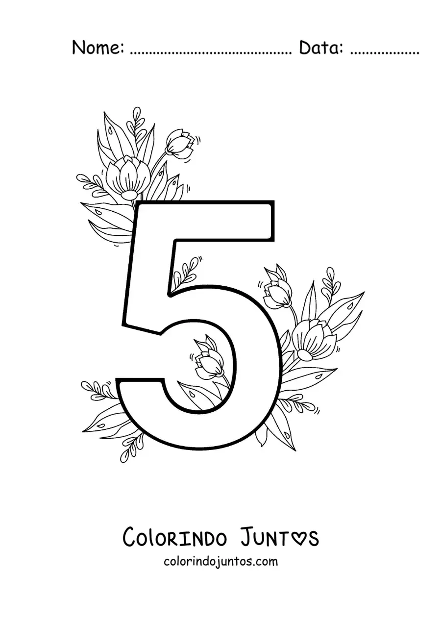 Desenho para colorir do número 5 decorado com flores