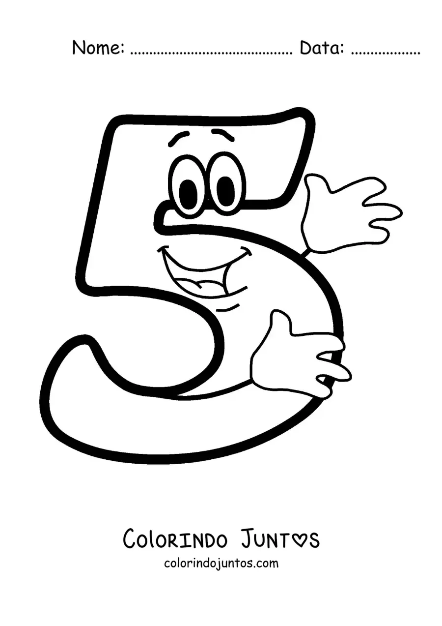 Desenho para colorir do número 5 animado dançando para crianças