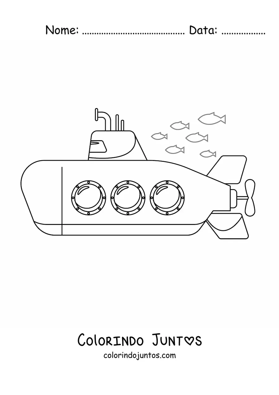 Desenho para colorir de um submarino com tres janelas cercado de peixes