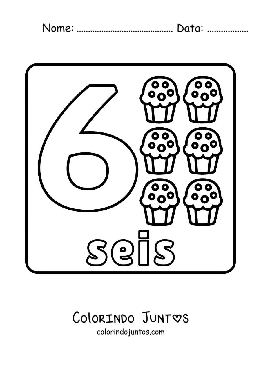 Desenho para colorir do número 6 com objetos para aprender a contar