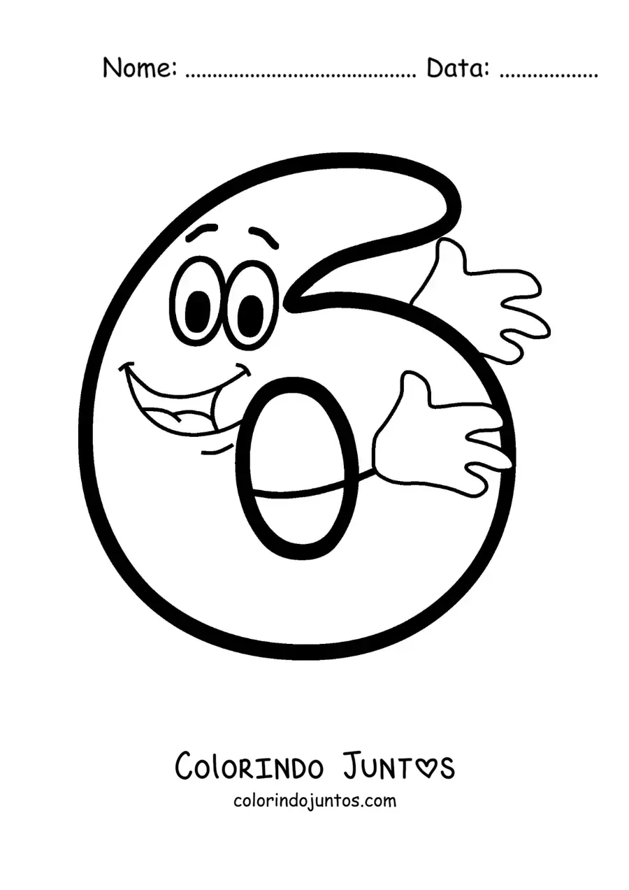 Desenho para colorir do número 6 animado dançando para crianças