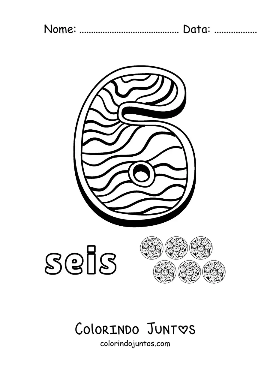 Desenho para colorir do número 6 animado em forma de biscoito com objetos para contar