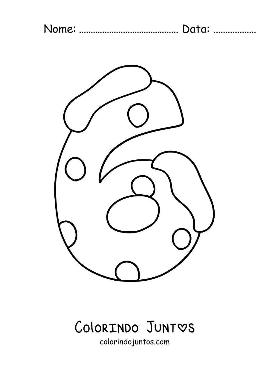Desenho para colorir do número 6 decorado para crianças