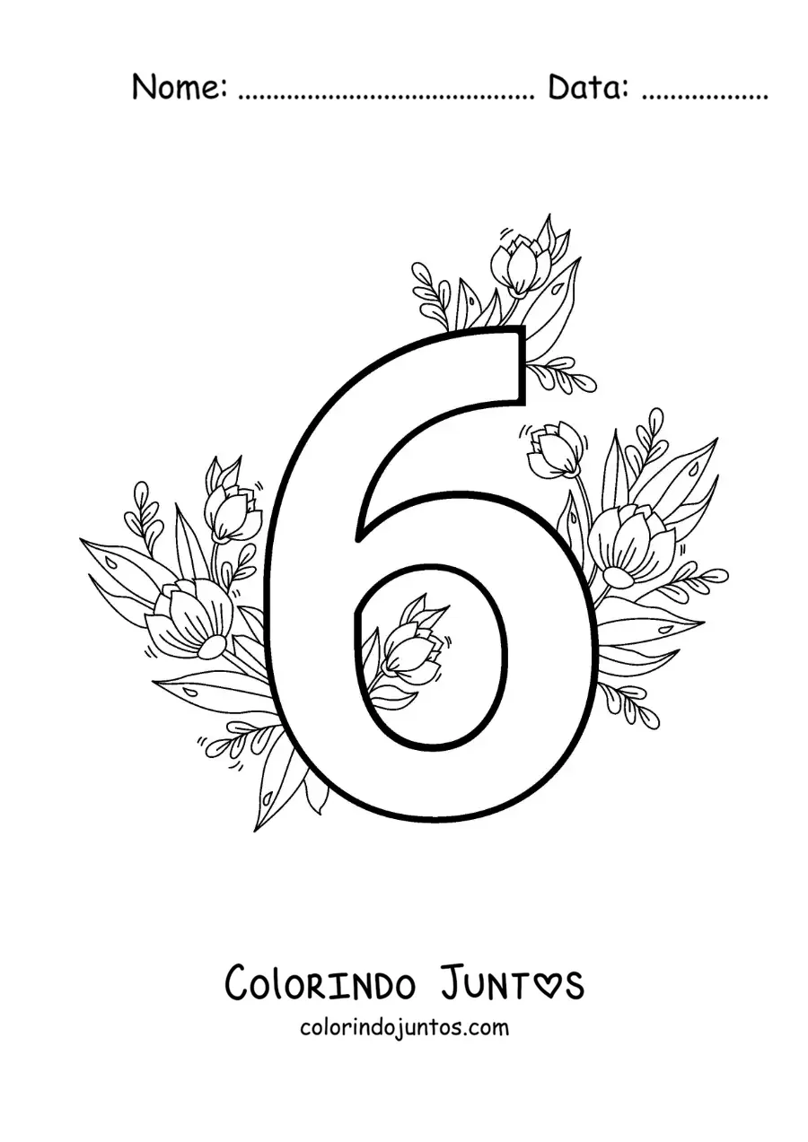 Desenho para colorir do número 6 decorado com flores