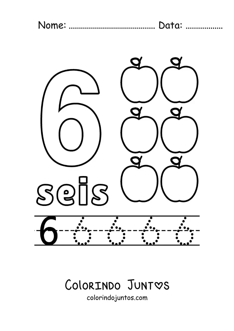 Desenho para colorir do número 6 com objetos para aprender a contar e traçar