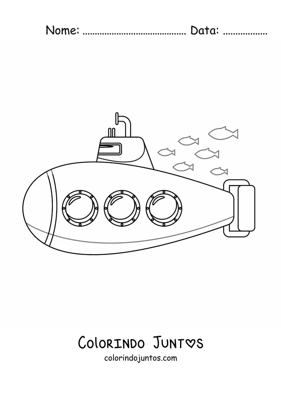 Desenho para colorir de um submarino de tres janelas junto a um cardume de peixes